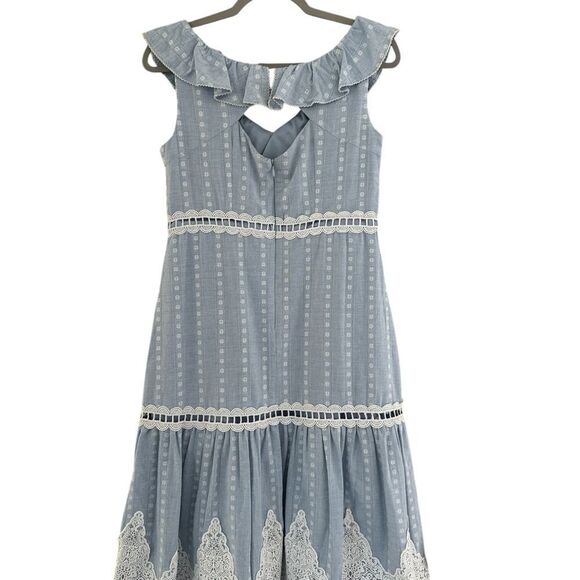 Jax Black Label Women's Blue White Ruffle Neck Sleeveless A-Line Dress Size 8 - Picture 3 of 6